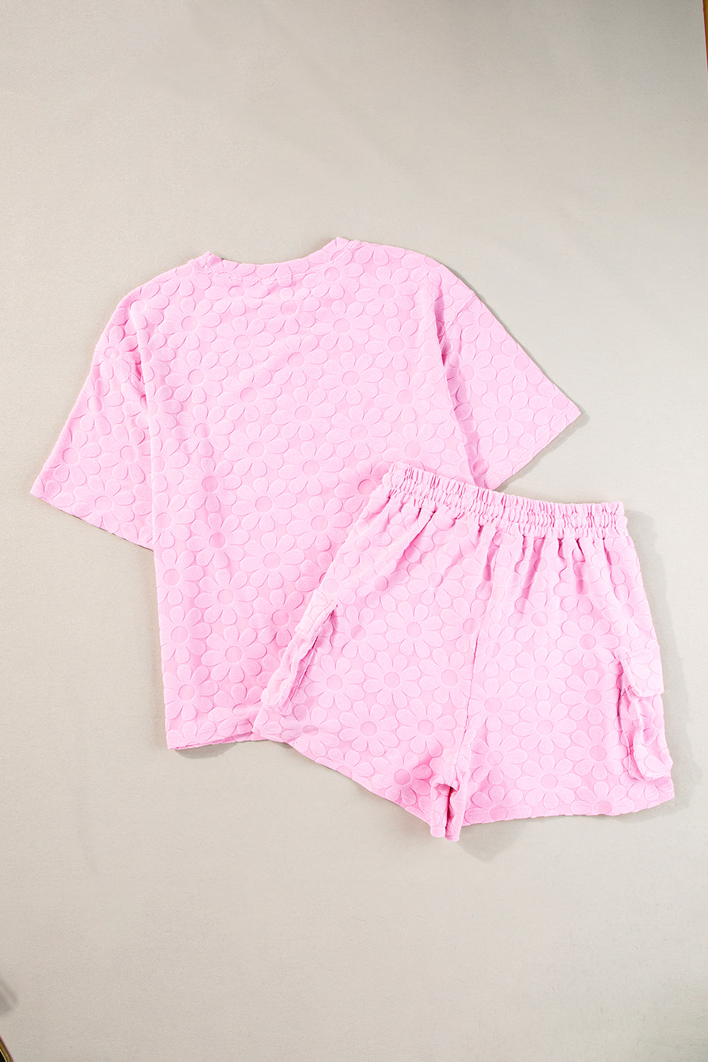 Pink Floral Textured Short Sleeve Top and Shorts Lounge Set
