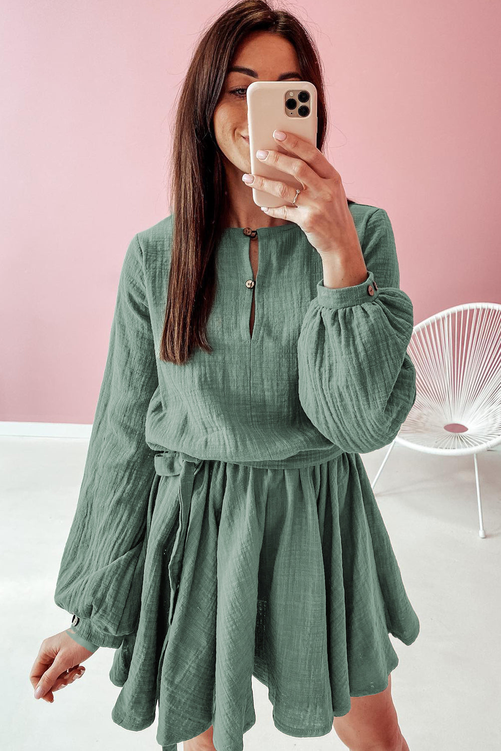 Jungle Green Button Neck Puff Sleeve Belted Pleated Mini Dress