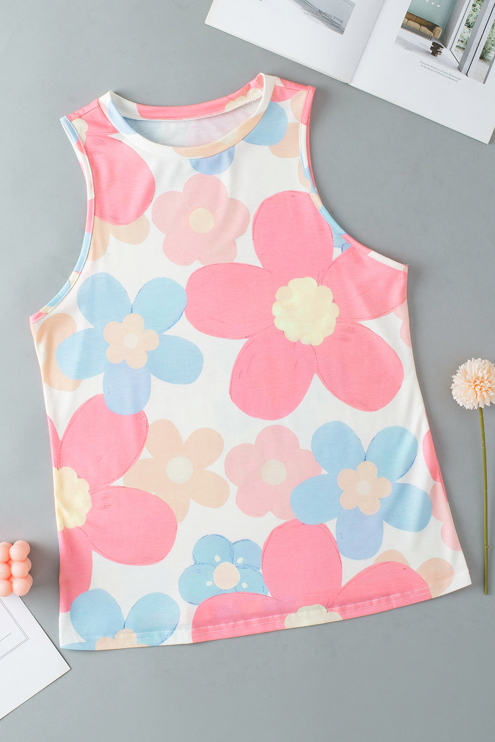 Pink Floral Print Round Neck Sleeveless Top