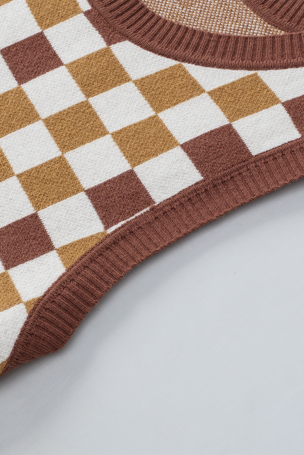 Brown Checkered Ribbed Trim Knit Sweater Vest