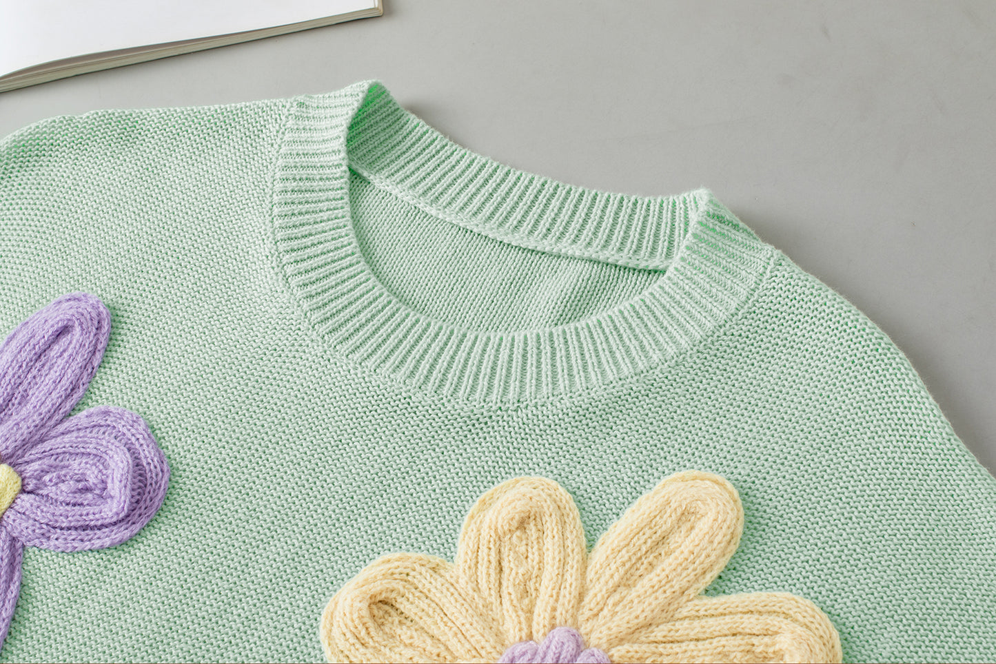 Moonlight Jade Multi Crochet Flower Knit Short Sleeve Sweater Top