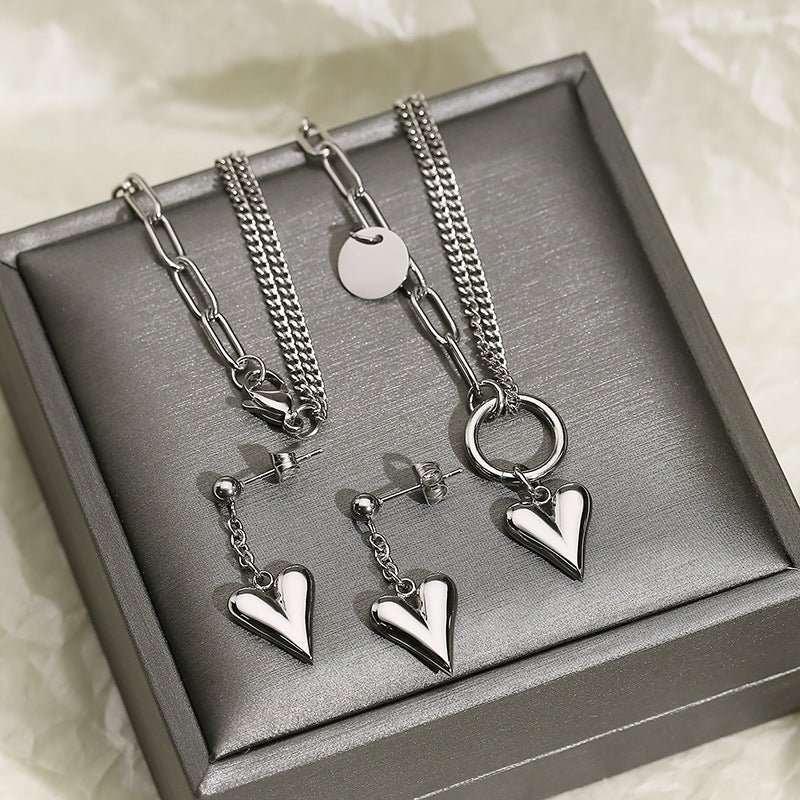 Titanium Steel Heart Necklace and Drop Earrings Jewelry Set
