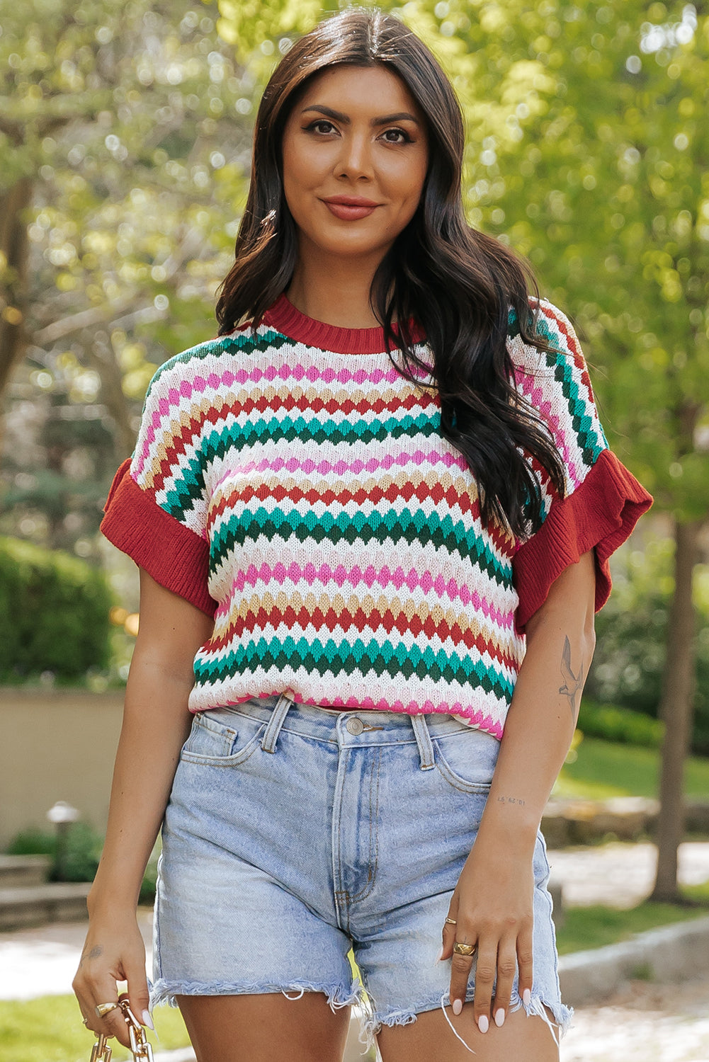 Fiery Red Trimmed Ruffle Sleeve Colorful Textured Sweater