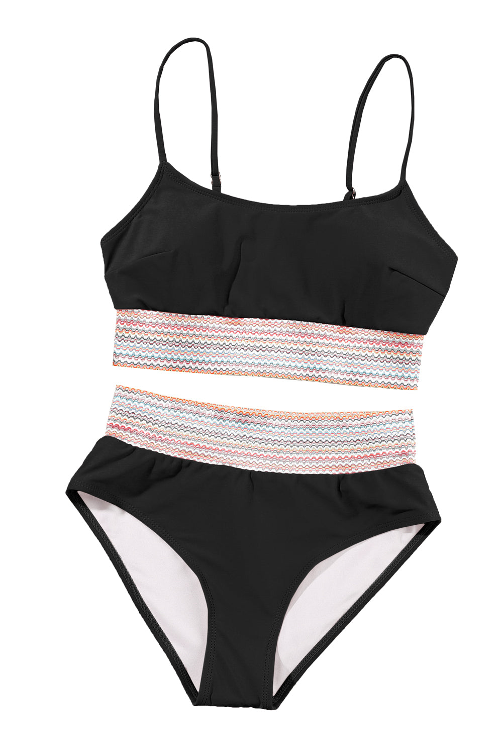 Black Striped Patchwork Spaghetti Strap High Waist Bikini Swimsuit