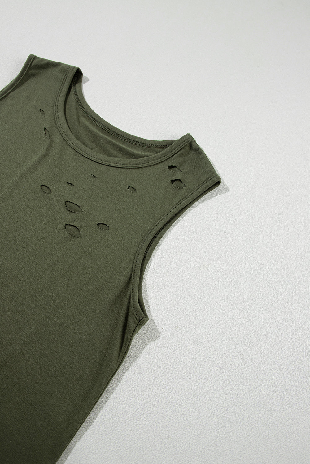 Jungle Green Solid Color Distressed Holes Crew Neck Tank Top