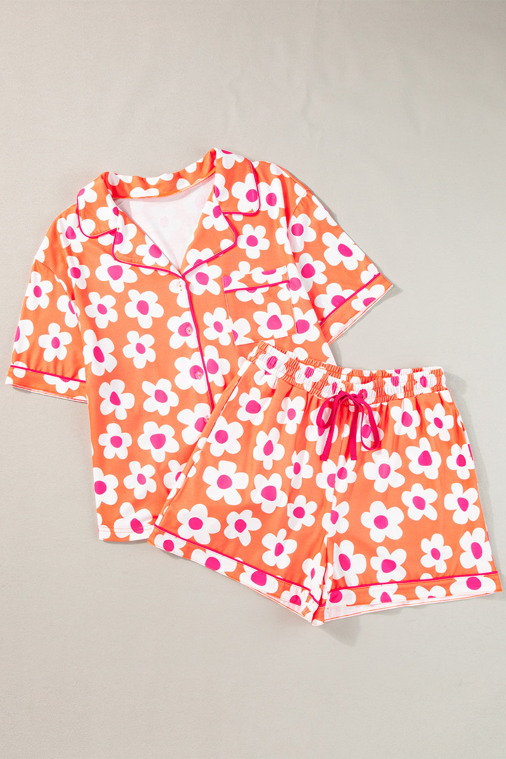 Orange Flower Print Short Sleeve Shirt Pajamas Set