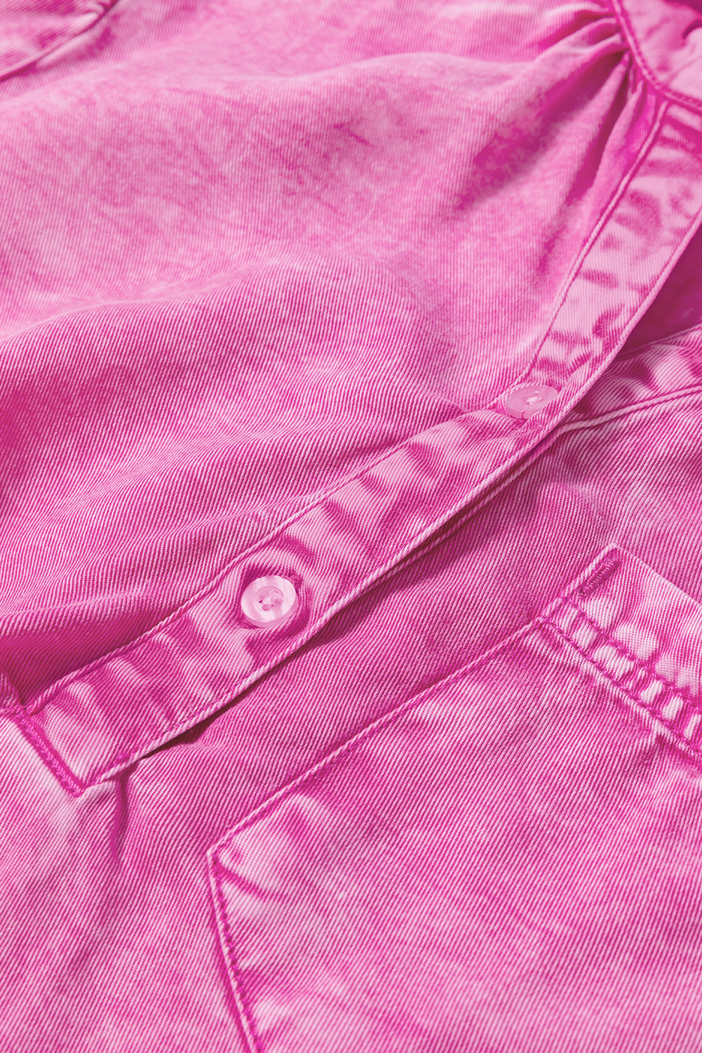Bright Pink Mineral Wash Split Neck Pocket Patched Denim Top