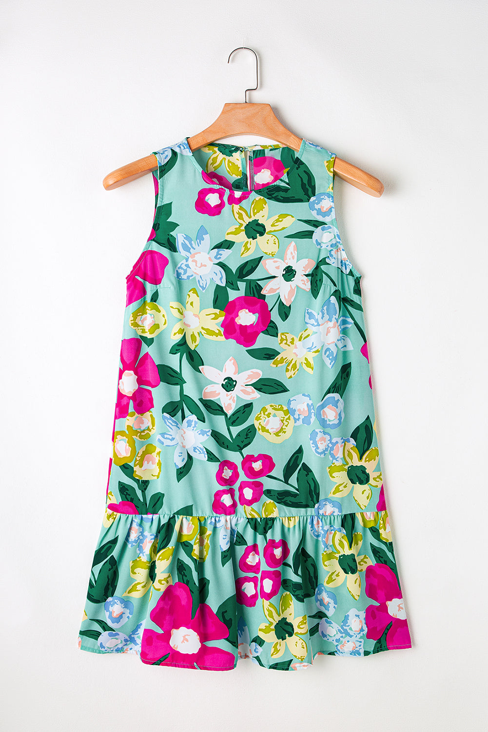 Green Flower Print Ruffled Loose Fit Sleeveless Mini Dress