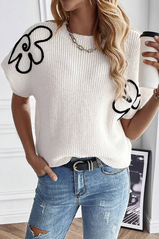 White Flower Embroidery Sweater Top