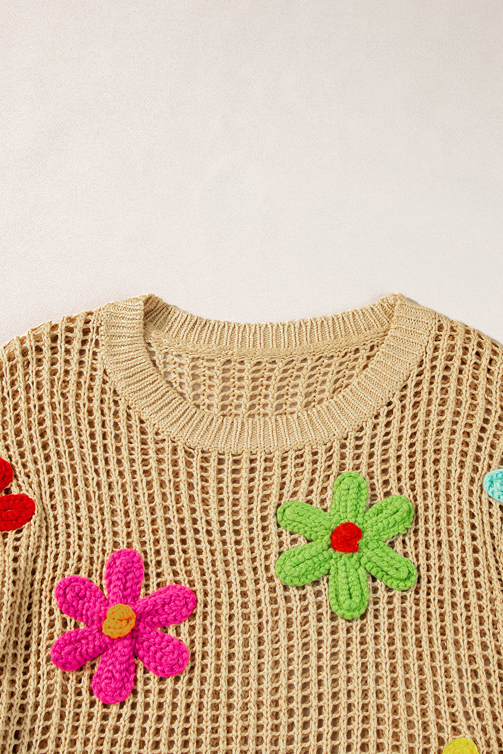 Light French Beige Crochet Flower Hollow-out Sweater T Shirt
