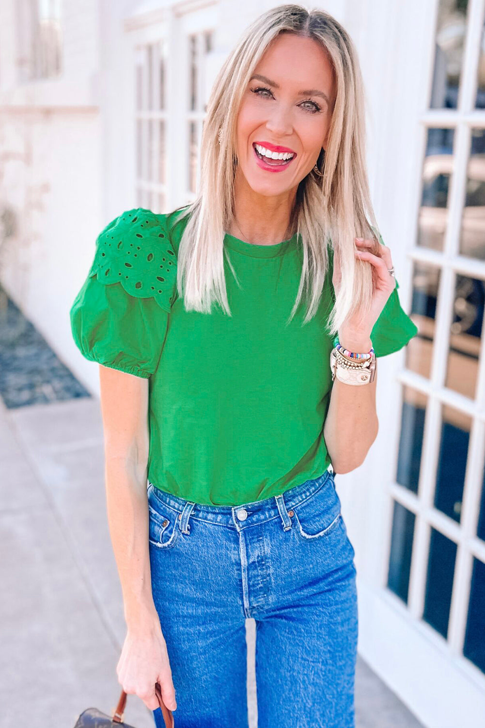 Bright Green Anglaise Embroidered Puff Short Sleeve Top