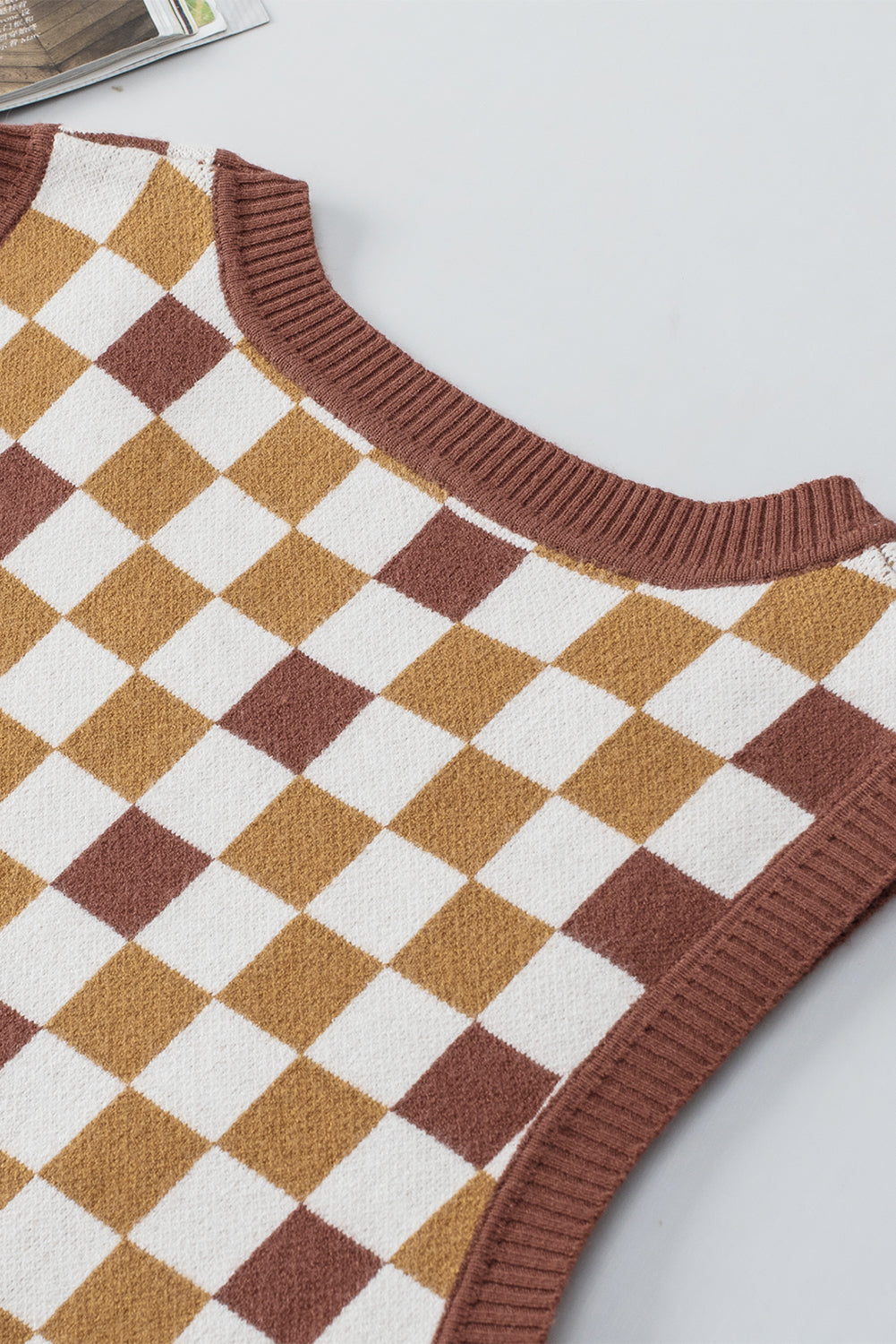 Brown Checkered Ribbed Trim Knit Sweater Vest