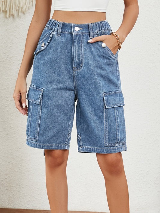 Buttoned Elastic Waist Denim Shorts with Pockets