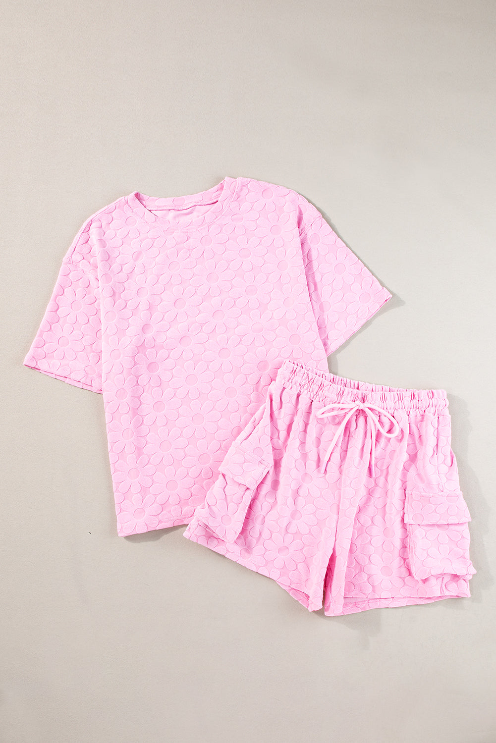 Pink Floral Textured Short Sleeve Top and Shorts Lounge Set