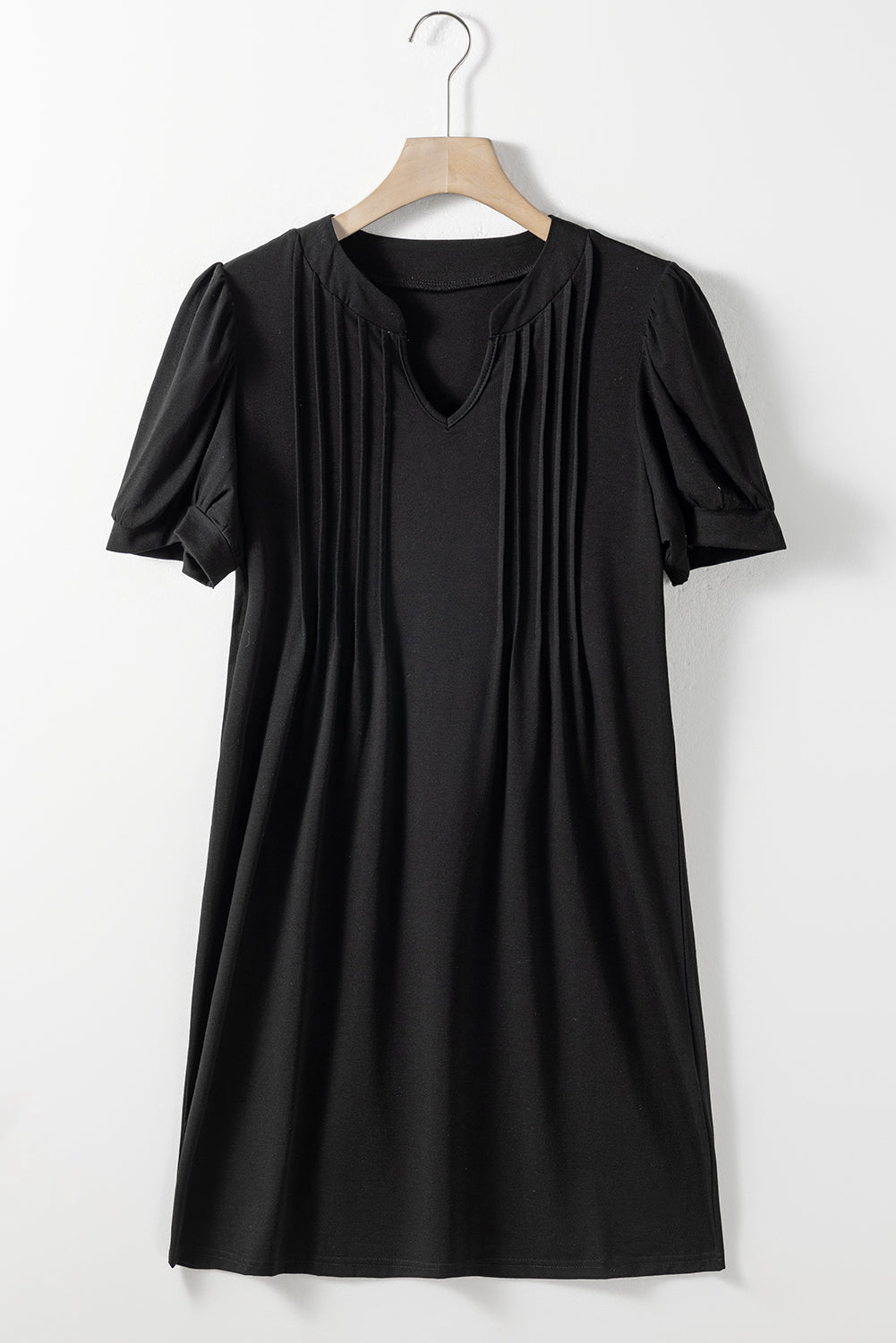 Black Notched Neck Pleated Puff Sleeve Shift T-shirt Dress