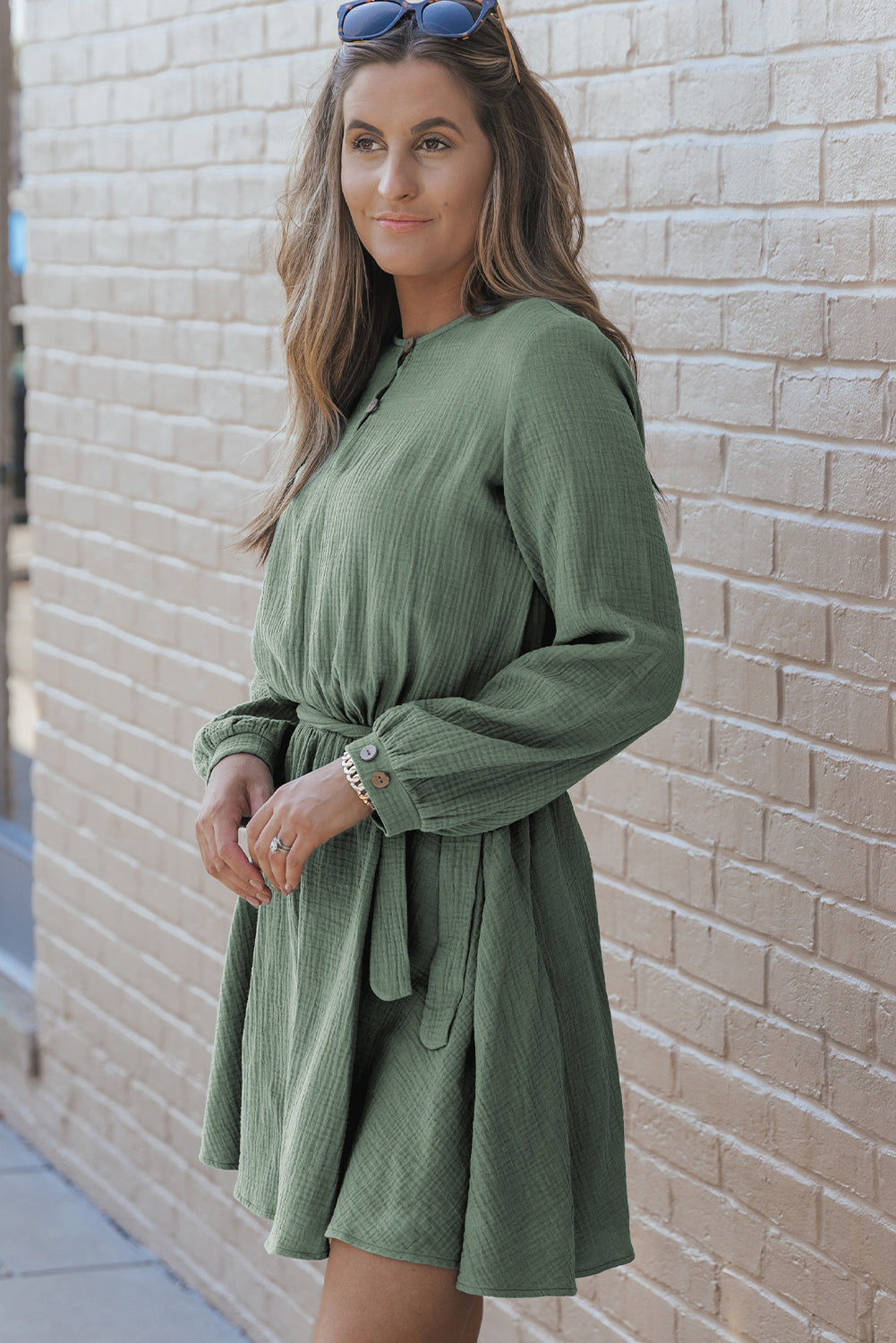 Jungle Green Button Neck Puff Sleeve Belted Pleated Mini Dress