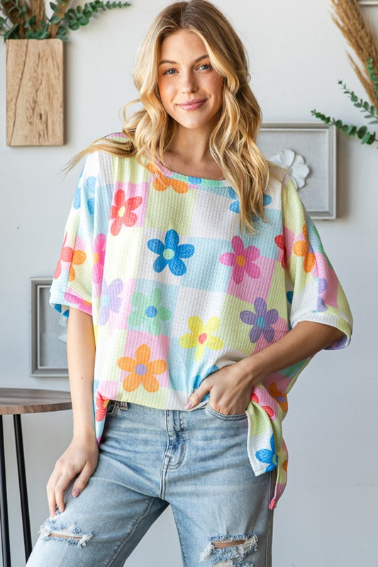 HOPELY Floral Round Neck Waffle T-Shirt