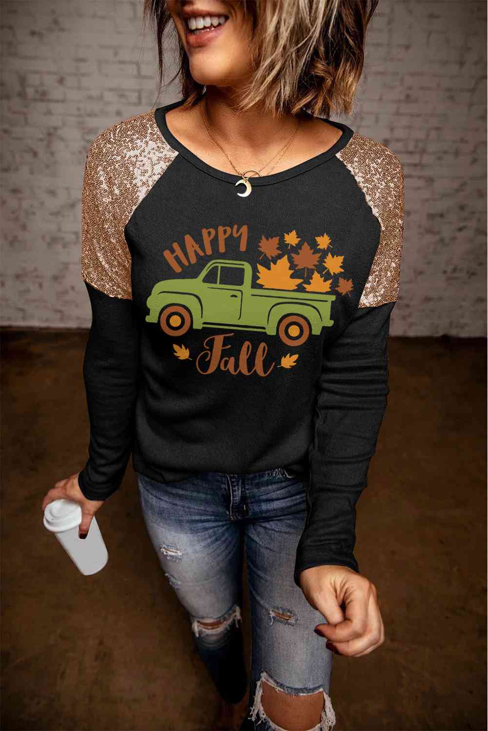 HAPPY FALL Graphic Sequin T-Shirt