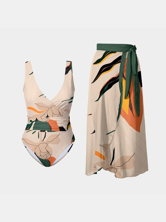 Printed Surplice Wide Strap Swimwear and Skirt Swim Set