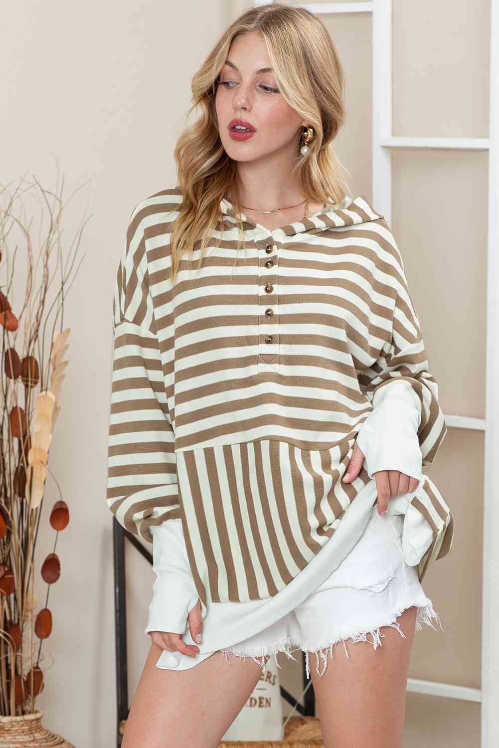 Striped Dropped Shoulder Buttoned Hoodie