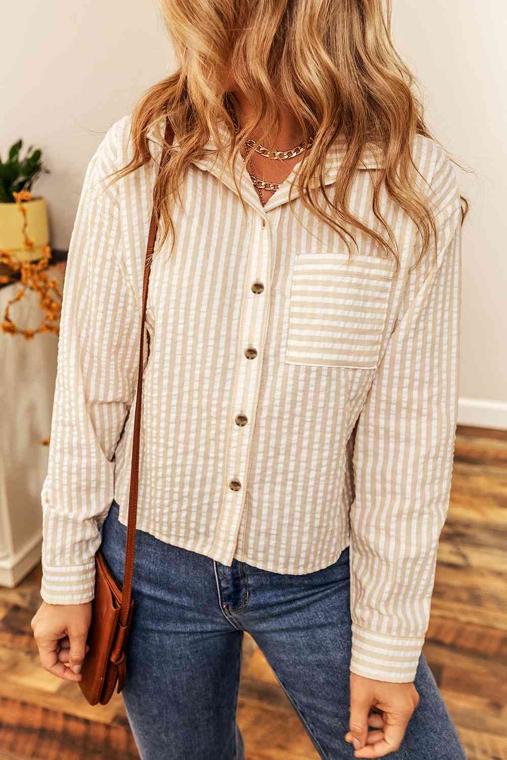 Striped Button-Up Shirt with Breast Pocket