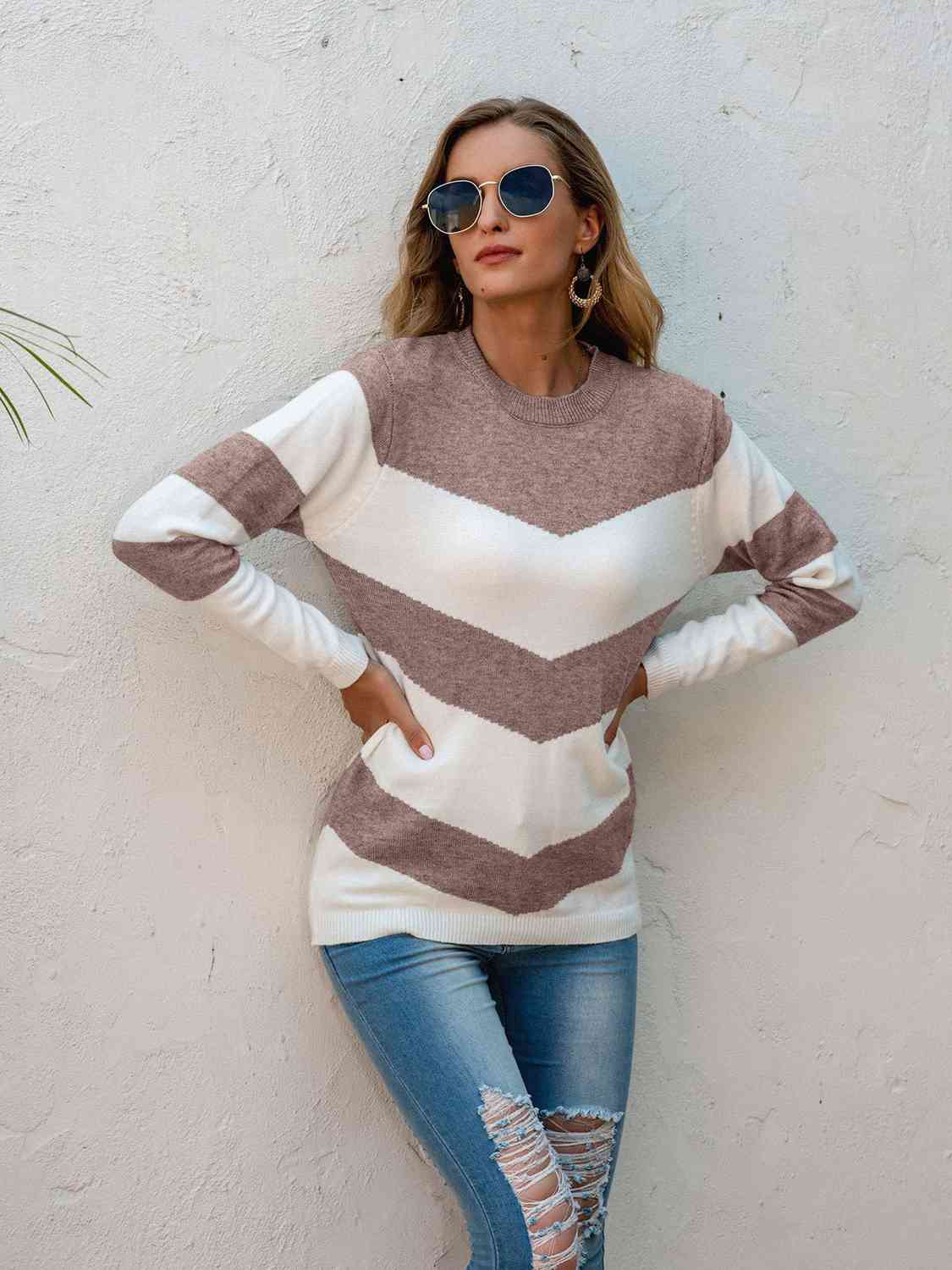 Two-Tone Round Neck Sweater