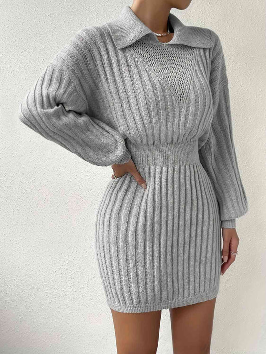 Ribbed Collared Neck Sweater Dress