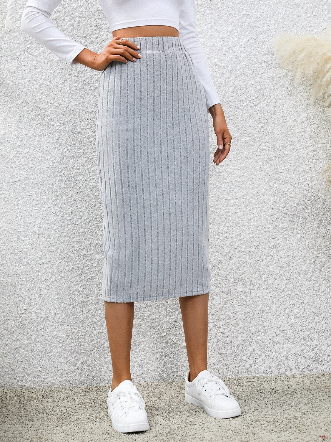 Slit Elastic Waist Midi Sweater Skirt
