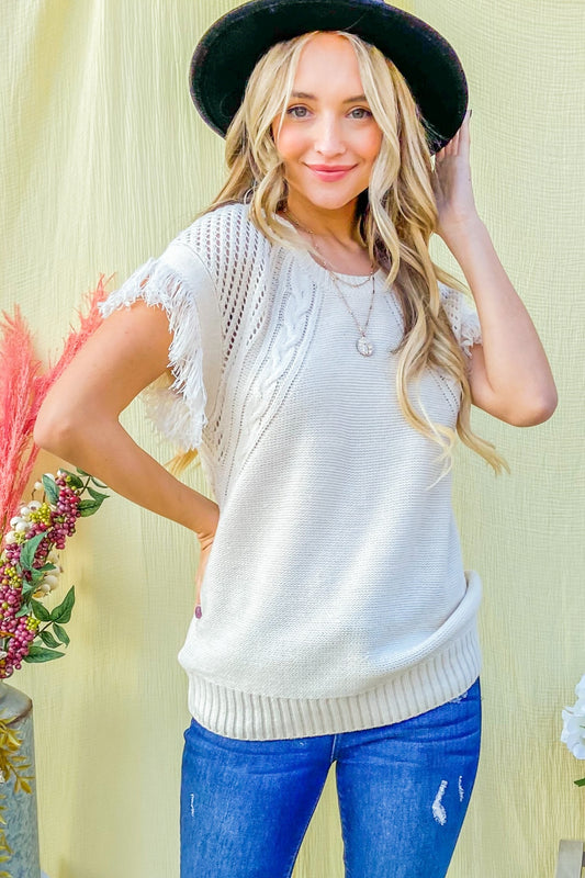 And The Why Openwork Shoulder Fringe Detailed Sweater