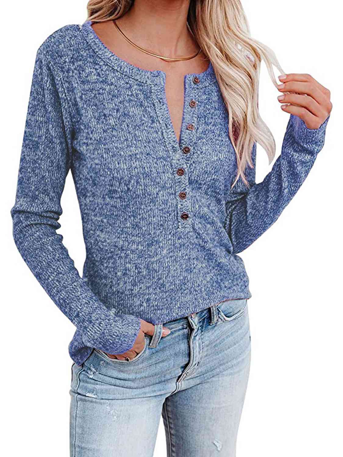 Round Neck Buttoned Long Sleeve T-Shirt