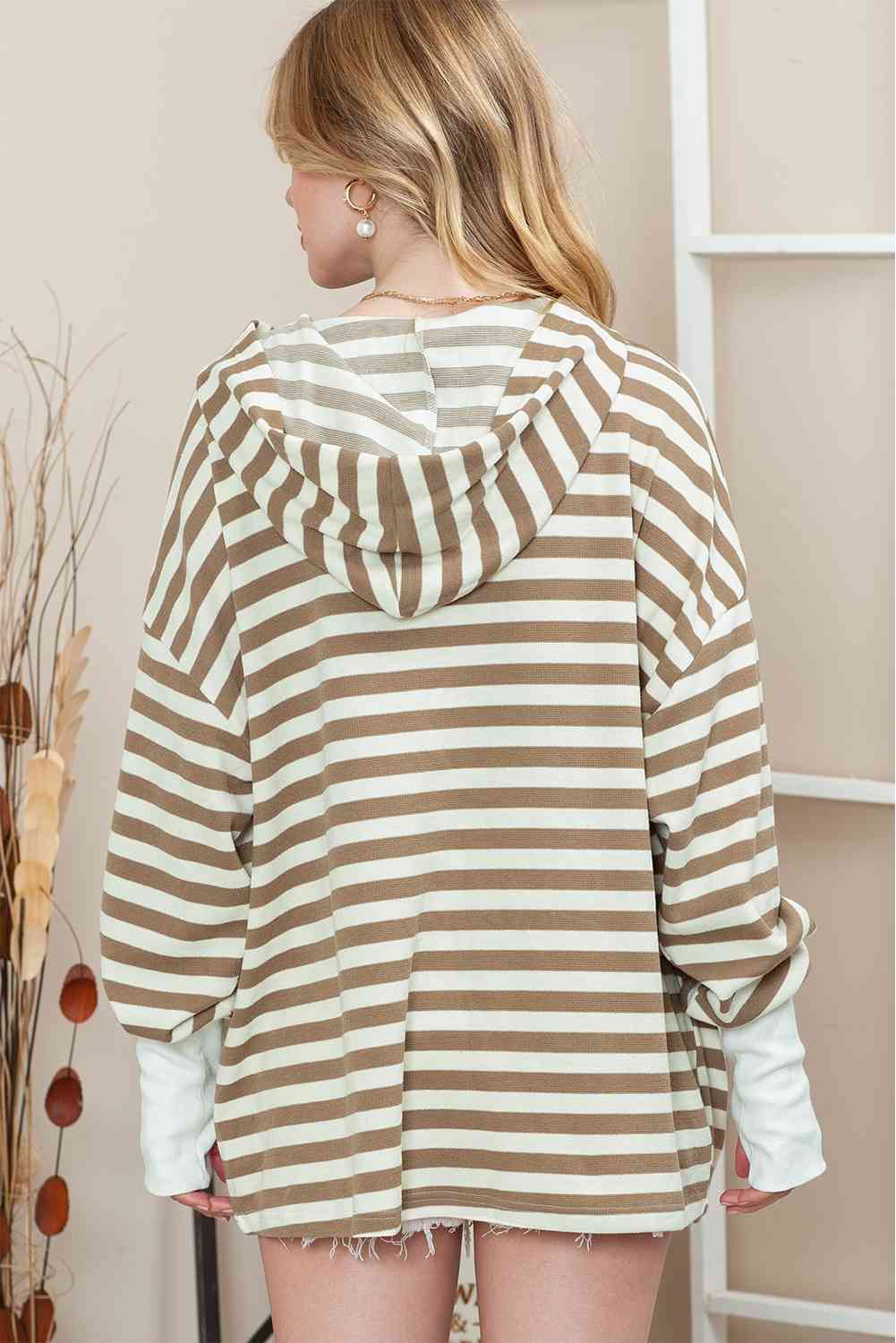 Striped Dropped Shoulder Buttoned Hoodie